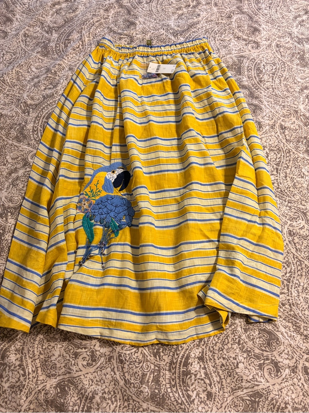 Anthropologie Yellow Striped Midi Skirt with Parrot Embroidery - Picture 5 of 6